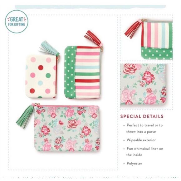 Matilda Jane Pouch Set Of 3 Polka Dot Stripe Pink Green Floral Whimsical Girly - Picture 1 of 12